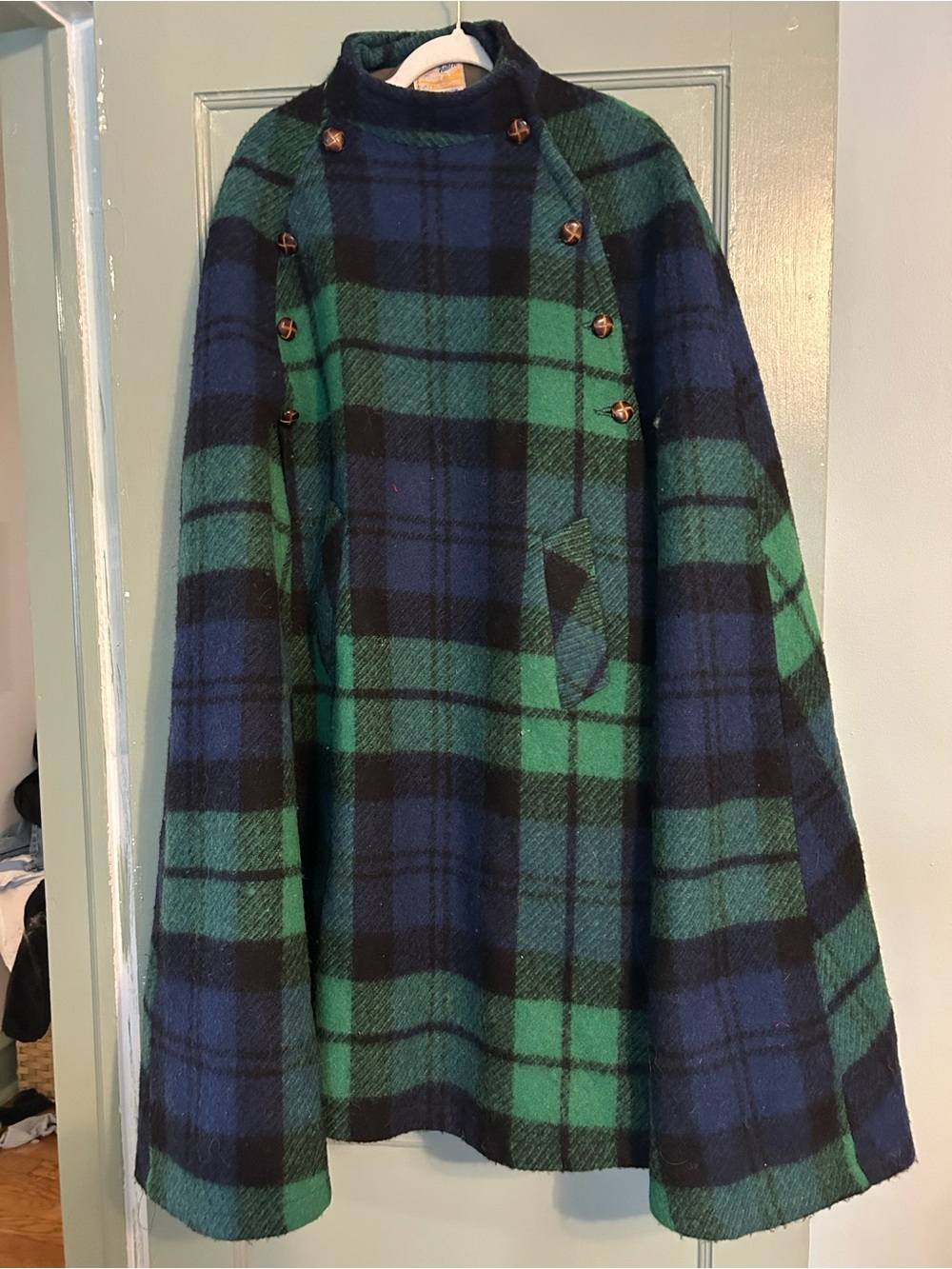Vintage Blue and Green Plaid Cape Coat